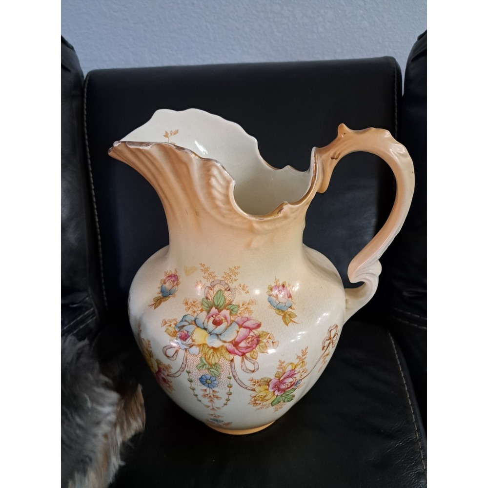 Antique Crown‎ Devon Ware Fieldings Large Pitcher Jug 13-3/4" Rose Swag